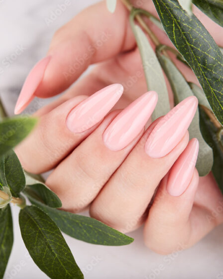 Hand with long artificial manicured nails colored with pink nail polish. Fashion and stylish manicure.